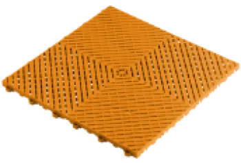 Orange interlocking plastic floor tile with textured grid pattern in square shape, shown at an angle.