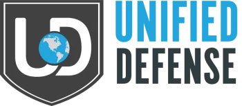 Unified Defense logo with stylized UD letters and Earth globe inside shield outline, blue and black text