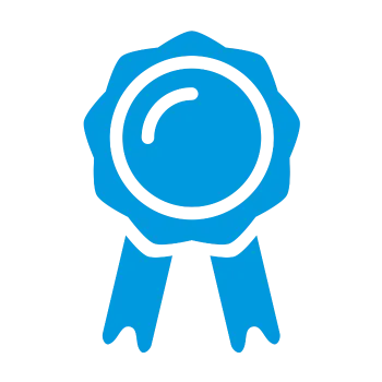 Blue award ribbon icon with circular center and two hanging tails on black background.