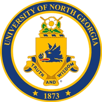 University of North Georgia seal with boar emblem, motto truth and wisdom, established 1873 in blue and gold.