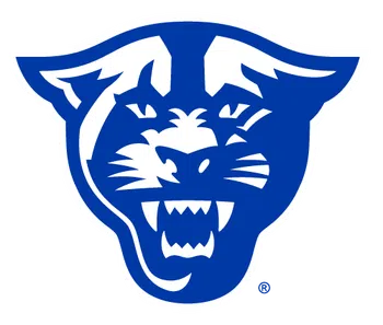 Blue and white stylized panther head logo with fierce expression and open mouth showing fangs.