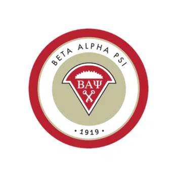 Beta Alpha Psi circular logo with red and beige colors featuring crossed keys and the year 1919.
