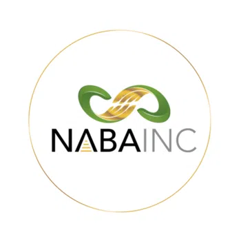 NABA INC logo featuring intertwined green and gold infinity symbols above black and gray text inside a gold circular border
