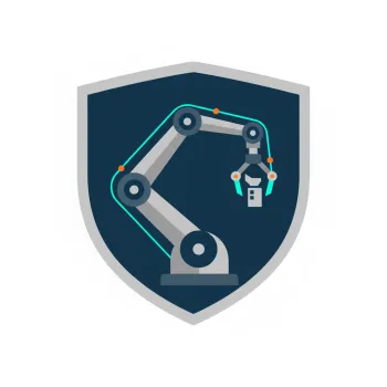 Robotic arm inside a shield emblem symbolizing industrial automation and protection with mechanical blue highlights.