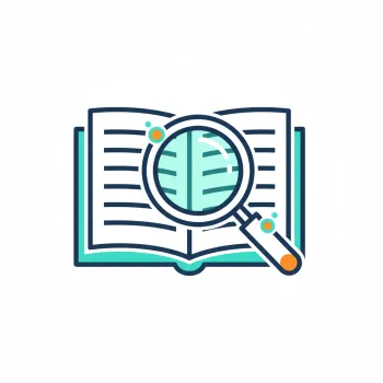 Open book with a magnifying glass highlighting text, symbolizing reading or detailed research.