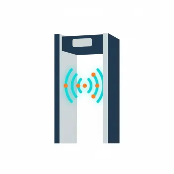 Metal detector gate with signal waves and orange sensor dots indicating security scanning process