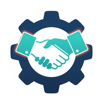 Handshake icon inside a blue gear symbolizing partnership and collaboration in business or technology.