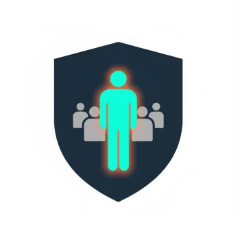 Blue figure glowing in front of smaller gray figures on a dark shield symbolizing leadership or protection.