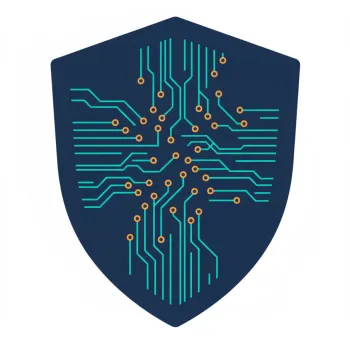 Dark blue shield with teal circuit lines and orange connection nodes symbolizing digital cybersecurity protection.