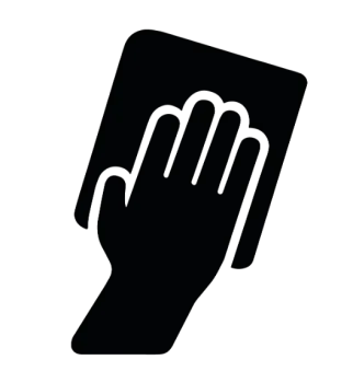 Black cleaning icons including spray bottle, cloth, squeegee, window, ladder, mop, water drop, and sparkle shine.