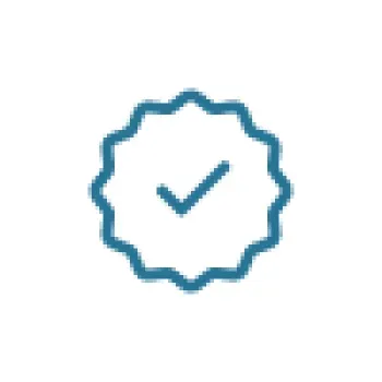 Blue checkmark inside a scalloped badge icon on white background representing verified or certified status