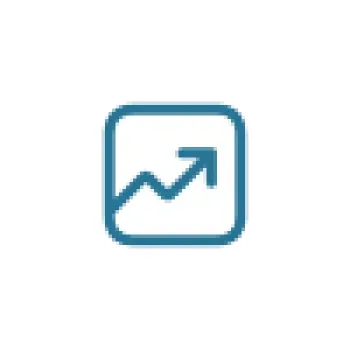 Blue upward trending arrow graph icon inside rounded square on white circular background