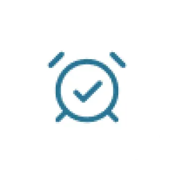 Blue alarm clock icon with checkmark inside on white circular background representing timely completion