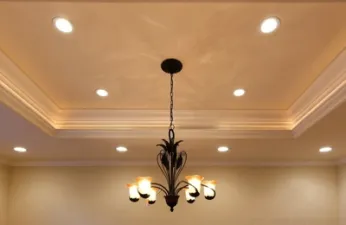 a kitchen with a building in the background