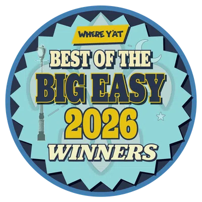 Best of the Big Easy 2026 winners badge with fleur-de-lis and street lamp graphic in blue and yellow.