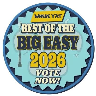 Badge for Best of the Big Easy 2026 voting with bold text and New Orleans-themed design elements.