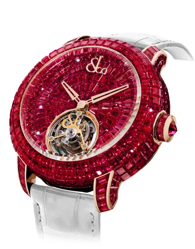 a watch with a red and gold face