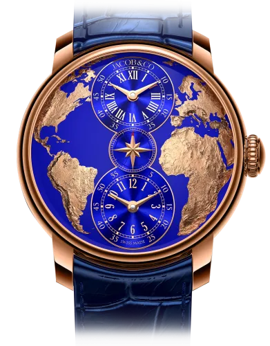 a blue wrist watch with a blue face and a gold hand