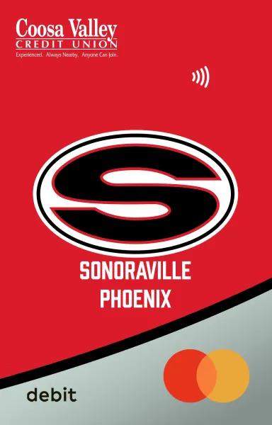 Sonoraville Phoenix debit card design with Coosa Valley Credit Union logo and Mastercard symbol on red and gray background