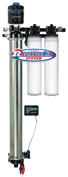 Aquamor water filtration system with dual white filters, stainless steel tank, pressure gauges, and digital control panel.