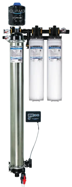 Aquamor water filtration system with stainless steel and white filter cartridges and digital control panel