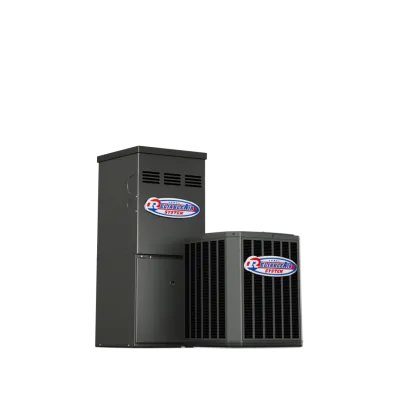 Reliable Air System HVAC units including a tall furnace and a square outdoor air conditioner with logo.