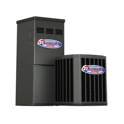 Two gray Reliable Air System HVAC units with logos against a white background.