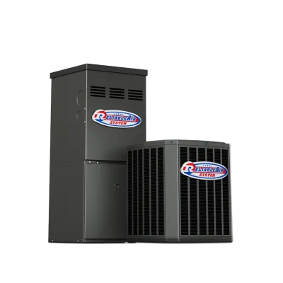 Two black ReliableAir System HVAC units with brand logos, one tall and rectangular, one shorter and square.