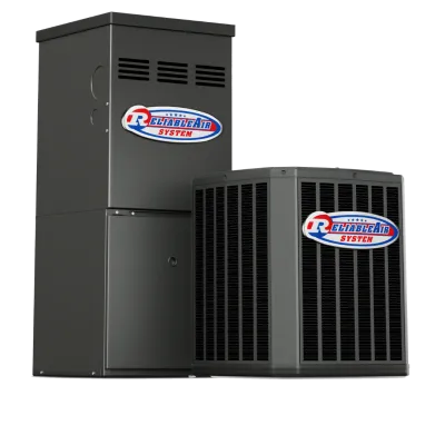 Reliable Air System HVAC units including a furnace and air conditioner in dark gray with logo.