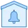 Blue notification bell icon centered within a house-shaped outline on a light background.