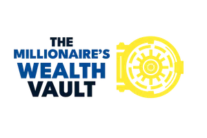 The Millionaire's Wealth Vault logo with bold blue text and a yellow vault door graphic.
