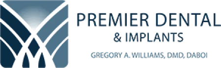 Premier Dental & Implants logo with a stylized blue design and the name Dr. Gregory A. Williams.