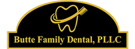 Butte Family Dental PLLC logo with tooth icon and toothbrush in gold on black background.