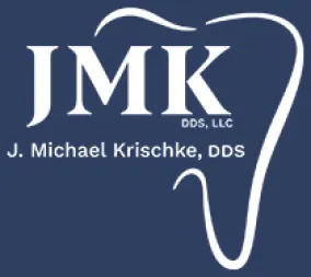 Logo for J. Michael Krischke, DDS dental practice featuring initials JMK inside a tooth outline on blue background.