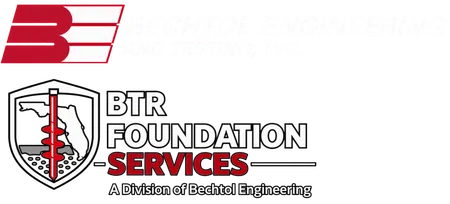 Bechtol Engineering and Testing Inc. logo with BTR Foundation Services division emblem featuring Florida map and red drill.