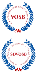 Two blue laurel wreath logos with red text certifying Veteran Owned Small Business and Service Disabled Veteran Owned Small Business.