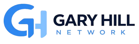 Logo of Gary Hill Network with stylized blue GH letters and text on a transparent background