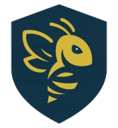 Yellow bee illustration on a dark blue shield-shaped background logo.