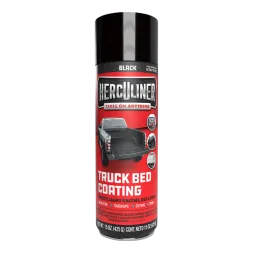 Black Herculiner spray can for truck bed coating protects against scratches rust and fading.
