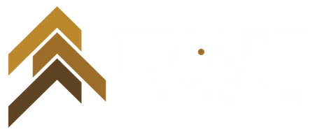TriArt Hardwoods logo with stylized three-tone brown arrows and white text on black background