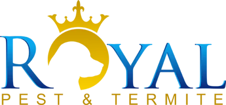 Royal Pest & Termite logo with blue text and a golden dog silhouette wearing a crown