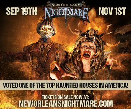 Promotional image for New Orleans Nightmare haunted house with two frightening figures, fiery background, and event dates.