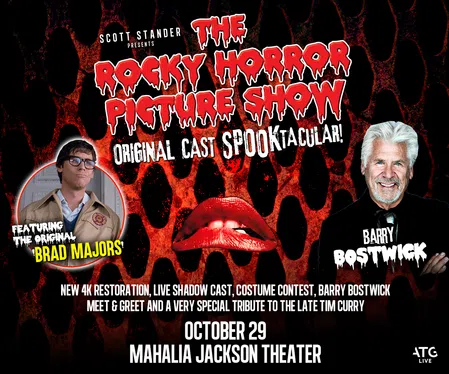 Poster for The Rocky Horror Picture Show original cast Spooktacular event with Brad Majors and Barry Bostwick, October 29.