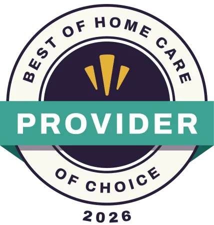 Best of home care provider of choice 2026 award badge with teal banner and gold accents