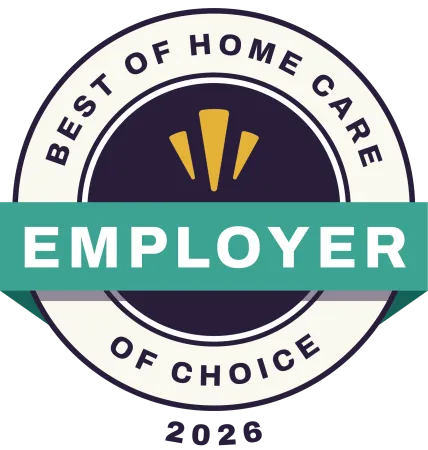 Round badge with teal banner stating Employer and text Best of Home Care 2026 indicating award recognition