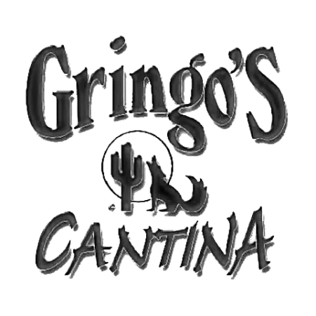 Gringo's Cantina logo with stylized text, cactus, and howling coyote graphic in black and white.