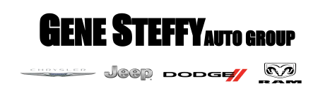 Gene Steffy Auto Group logo with Chrysler, Jeep, Dodge, and Ram brand emblems on white background