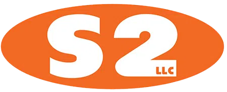 S2 LLC logo with bold white lettering on an orange oval background.