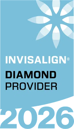 Invisalign Diamond Provider 2026 logo with blue background and white floral emblem.