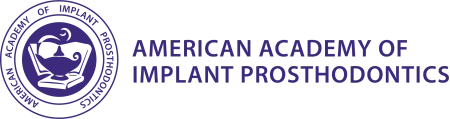 Logo of American Academy of Implant Prosthodontics with a lamp and book emblem in purple.